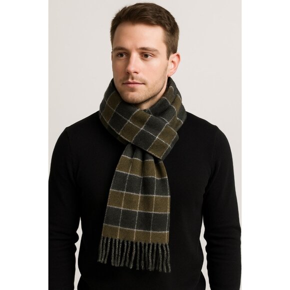 Vintage Made in Italy Plaid Fringe Scarf Gray Brown 100% Acrylic 50x12 - Picture 3 of 3